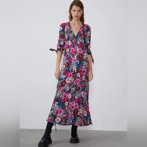 ZARA Tie Sleeves Floral Maxi Dress Cottagecore Fairy Feminine Size Medium